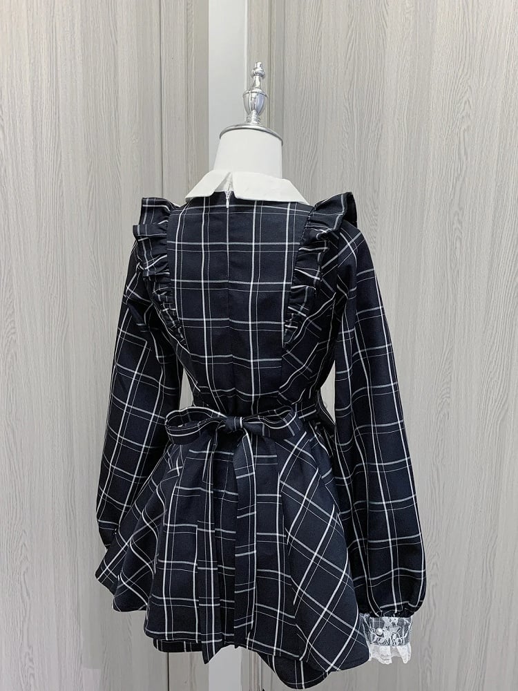 Verziertes Minikleid + Shorts Herzförmige Taille Flatter Jirai Kei Schwarz Weiß Kariertes Set mit hohen Ärmeln