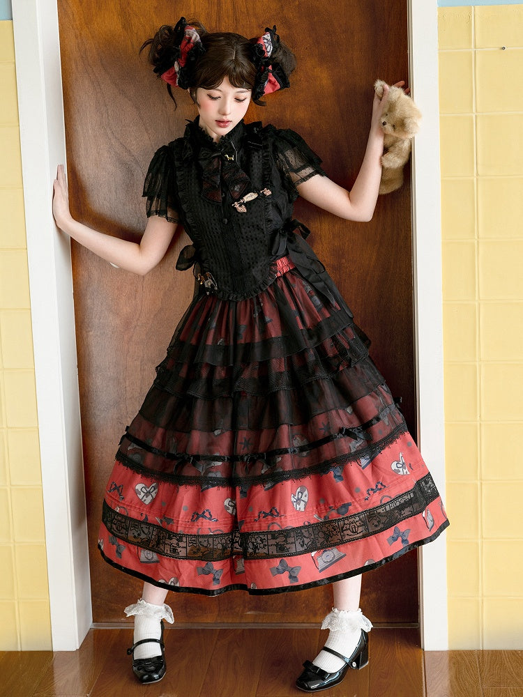 Black and Red Elastic Waist Puppy and Retro Telephone Sweet Lolita Skirt