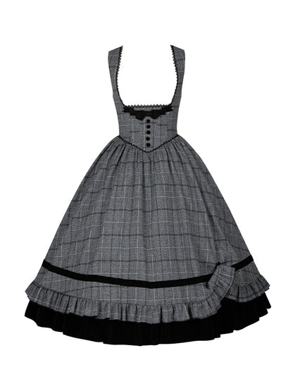 Black Dress Gray Waist Plaid Lolita Ruffle Elegant Boned Under and with Hem Bust