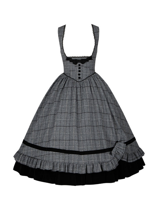 Black Dress Gray Waist Plaid Lolita Ruffle Elegant Boned Under and with Hem Bust