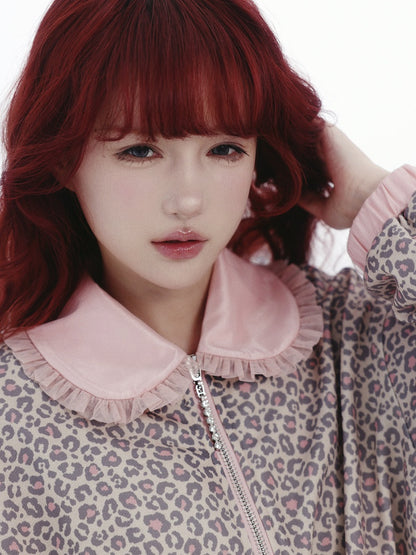 Collar Lace Jacket Leopard Pan and Print Peter Trim Zip-Up with