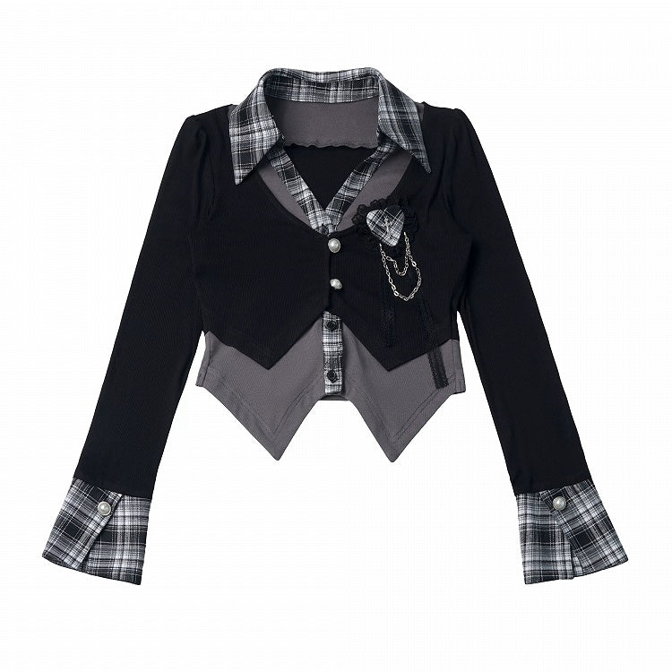 Vintage Kawaii Black & Gray Plaid Faux Two-Piece Knit Shirt with Heart Brooch - PINK SAVIOR