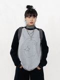 Gray Sleeve Black Neck Unisex Apple Print Long Daily Top Kawaii Round with