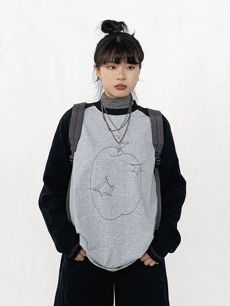 Gray Sleeve Black Neck Unisex Apple Print Long Daily Top Kawaii Round with