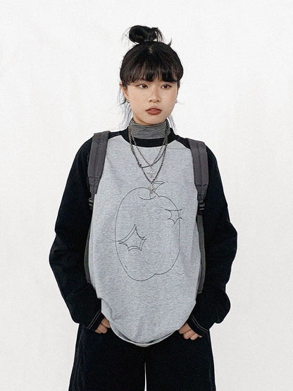 Gray Sleeve Black Neck Unisex Apple Print Long Daily Top Kawaii Round with