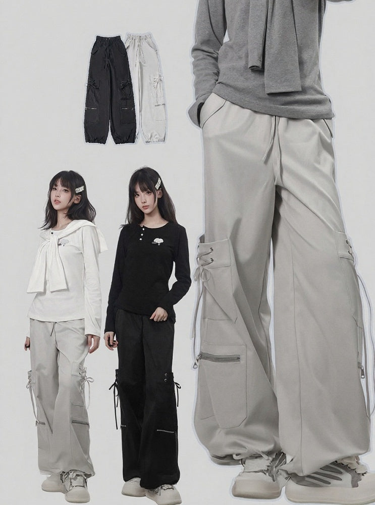 Black Techwear Wide-Leg Cargo Pants with Multi Pockets - PINK SAVIOR