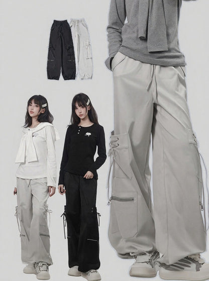 Light Gray Techwear Wide-Leg Cargo Pants with Multi Pockets - PINK SAVIOR