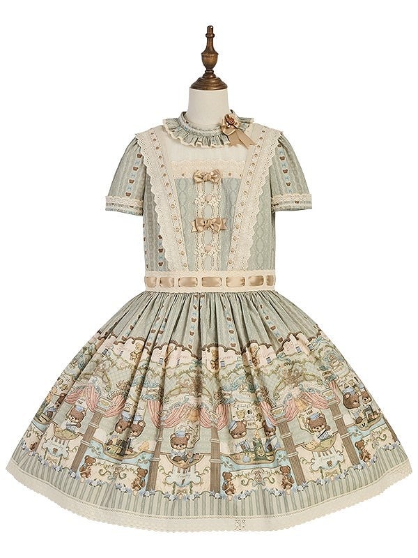 Theme Ruffle Bear Lolita Waist Neckline Green Dropped Dress Sweet