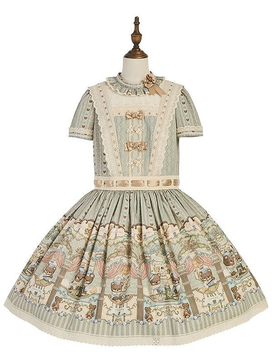 Theme Ruffle Bear Lolita Waist Neckline Green Dropped Dress Sweet