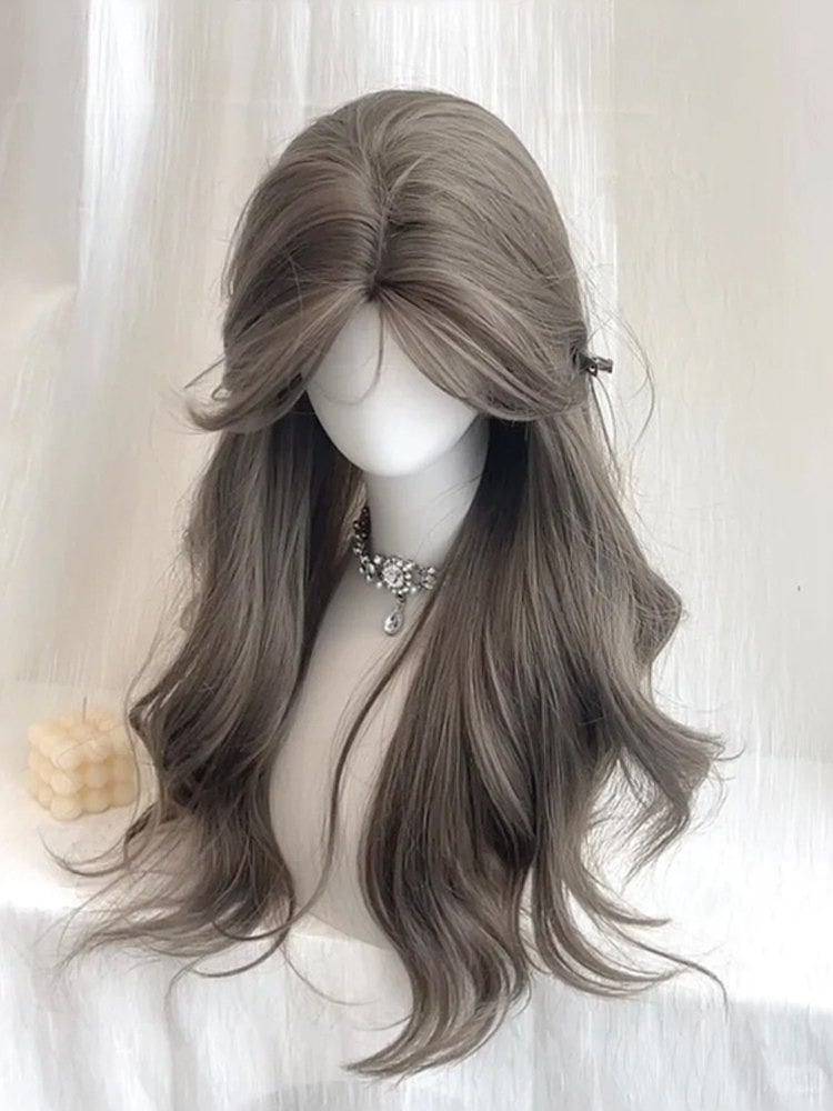 Dusty Brown 65cm Curtain Bangs Wavy Wig - Sleepy Fish
