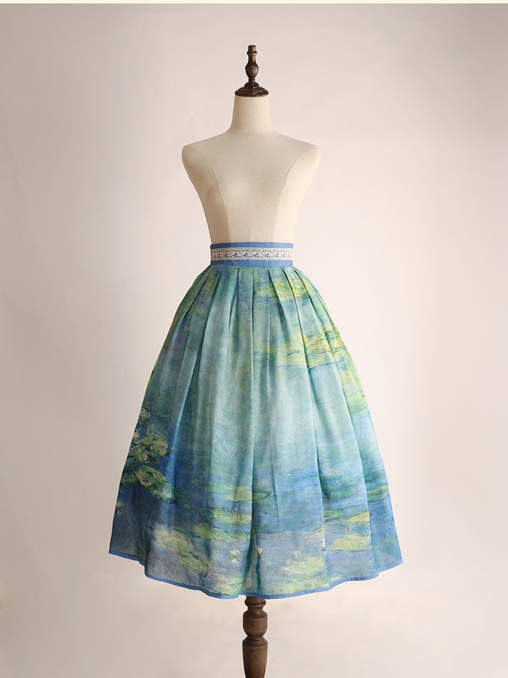Lily Oil Painting Print Blue Green High Long/Short and Water Waist Skirt Version