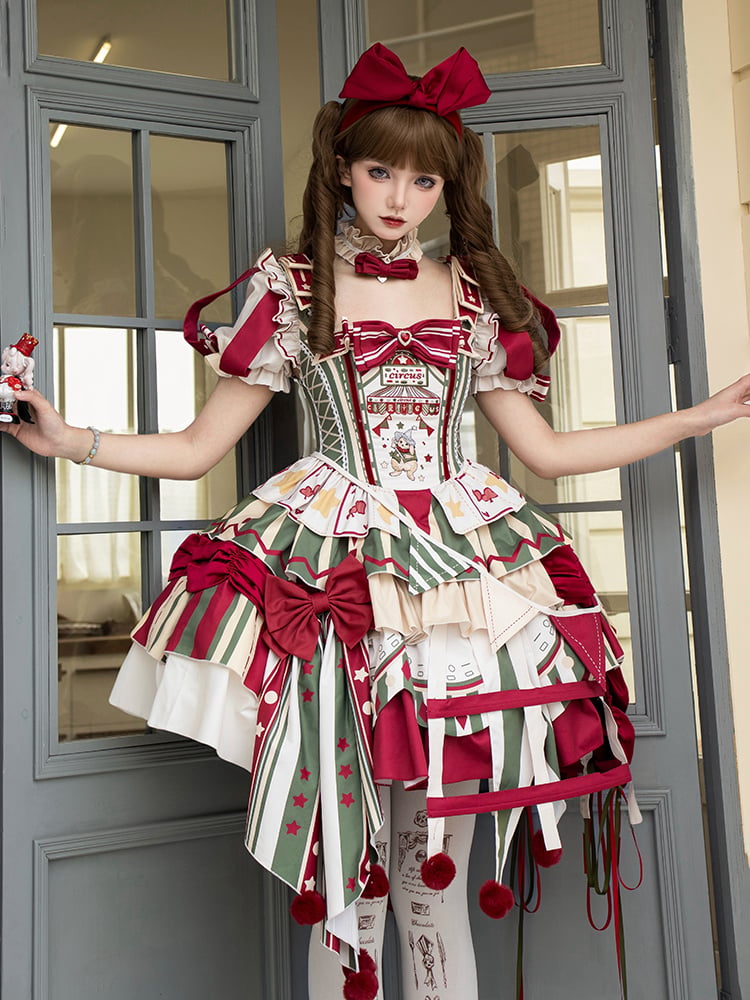 Lolita with Circus Puff Red Embroidery Bunny and Jumper Detachable Sleeves Skirt Dress Green Sweet
