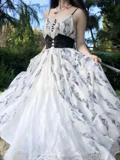 Tulip Dress+Cropped Set Top+Corset Lolita Black Elegant Classic Belt+Hairrband Full Pattern White