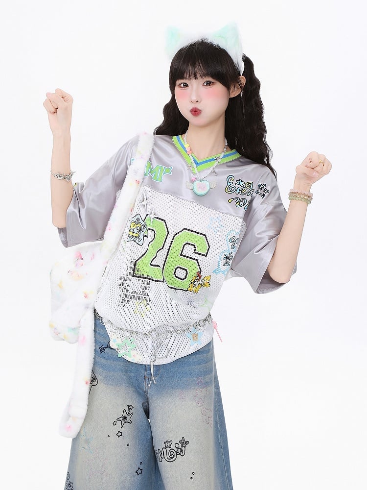 Breathable Satin Jersey T-Shirt with Contrast Collar and Number Print Pink/Green