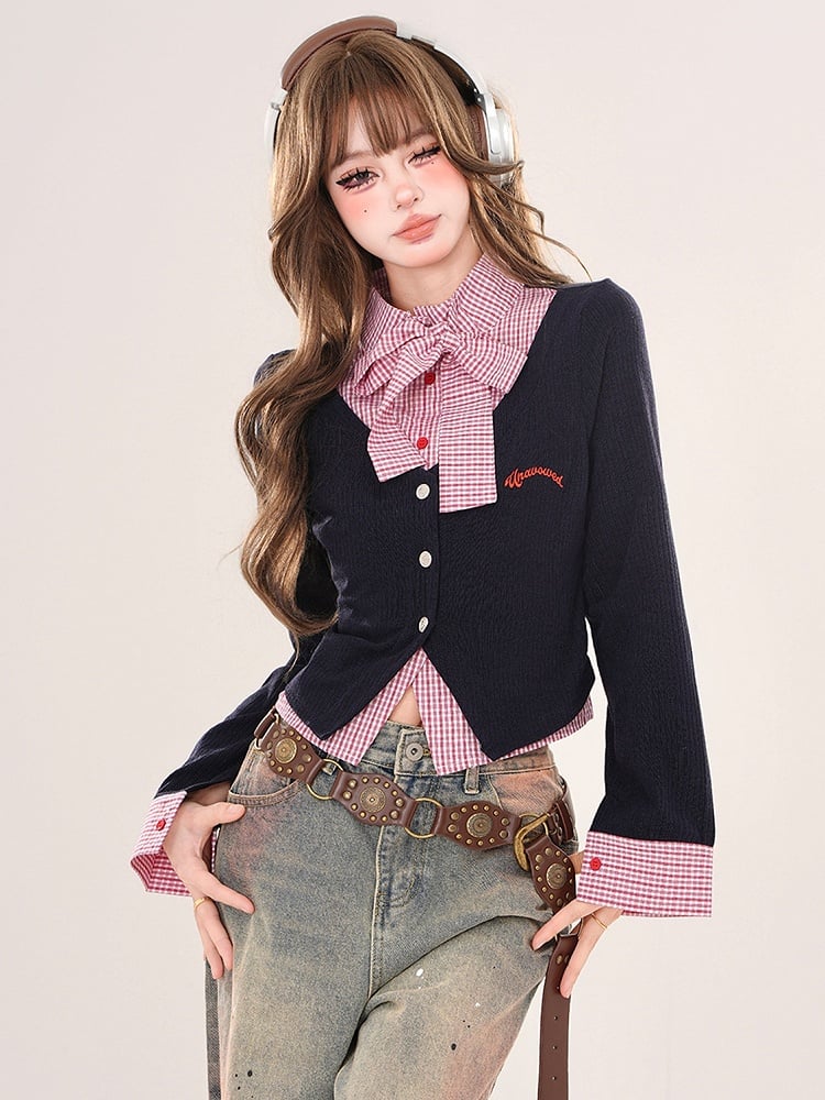 Grey/Navy Blue Plaid Patchwork Faux Two-piece Cardigan