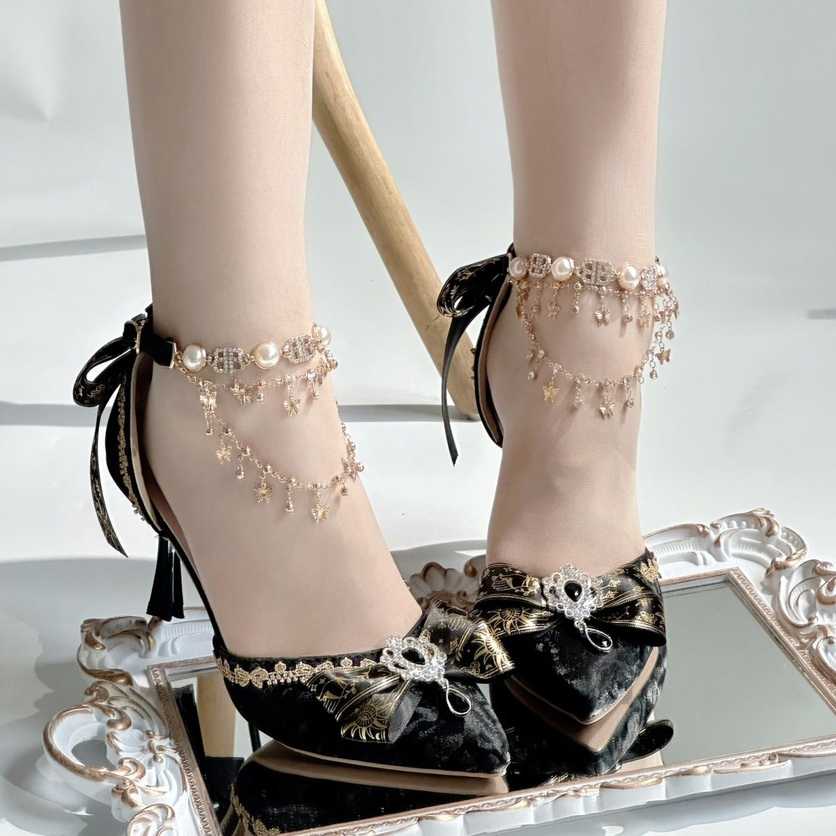 Jewel Crown Gothic Lolita Bridal Heels – Black Gold Dark Wedding Shoes | MiaoMiaoJiang
