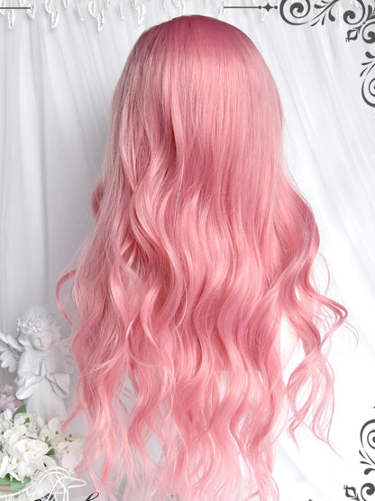 65cm Wavy Wigs With Bangs Pink Long