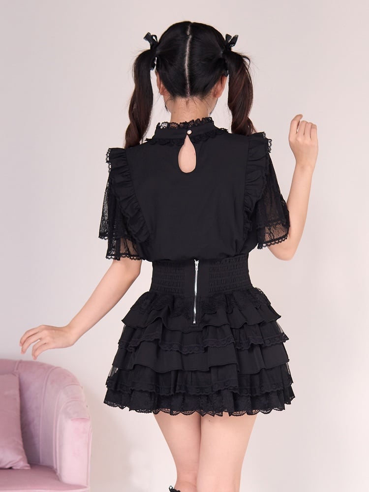 Trim Kei Lace Jirai Skirt Tiered Black Design with