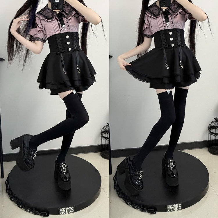 Black Lace Double Kei Cutouts Bow Blouse Collar Jirai Style and Shoulder Purple