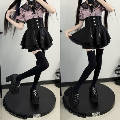 Black Lace Double Kei Cutouts Bow Blouse Collar Jirai Style and Shoulder Purple