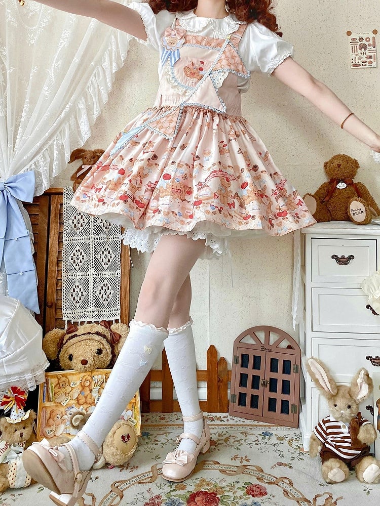 Beiges süßes Lolita-Overallkleid mit Teddybär und Dessert