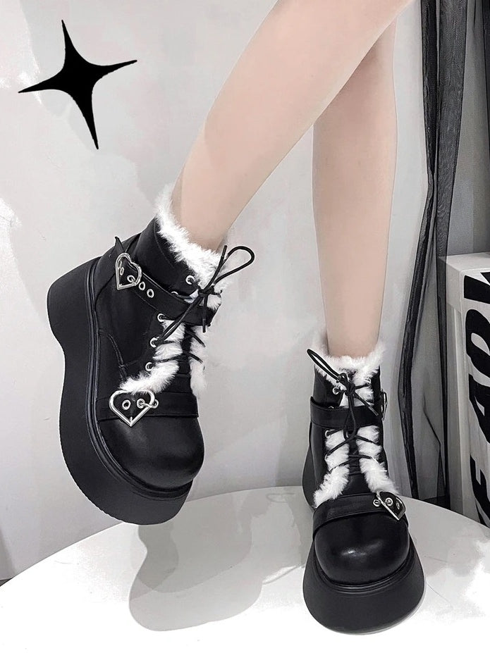 Lace-Up Platform Black Design Buckle Heart Lined PU Boots Plush with - Punk
