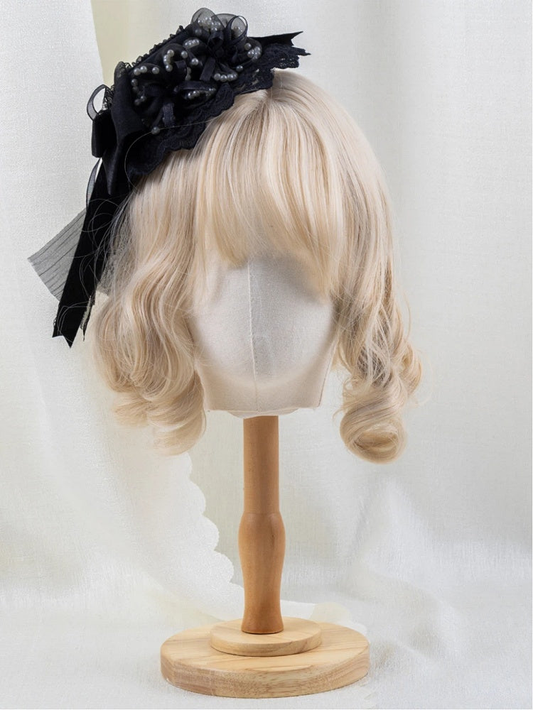 Gothic Hat Black Bow Mini Pearl Lace