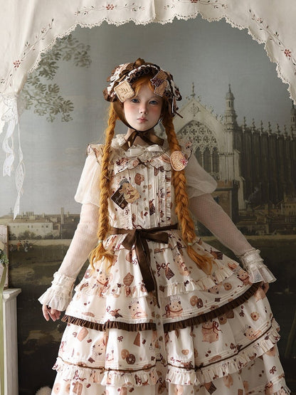 Yellow Lolita Brown Cookie and Ruffle Hamster Sweet Dress Print Hem