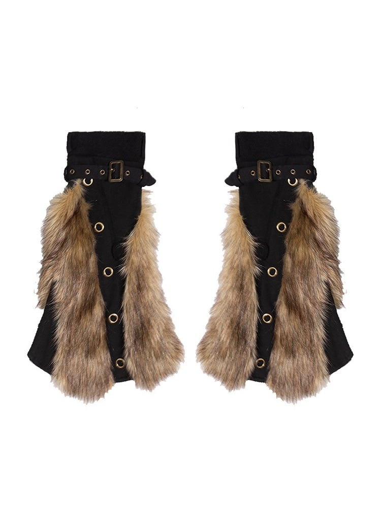 with Punk Fur Gyaru Warmers Buckle Trims Faux Fashion Straps Leg Black Y2K