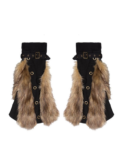 with Punk Fur Gyaru Warmers Buckle Trims Faux Fashion Straps Leg Black Y2K