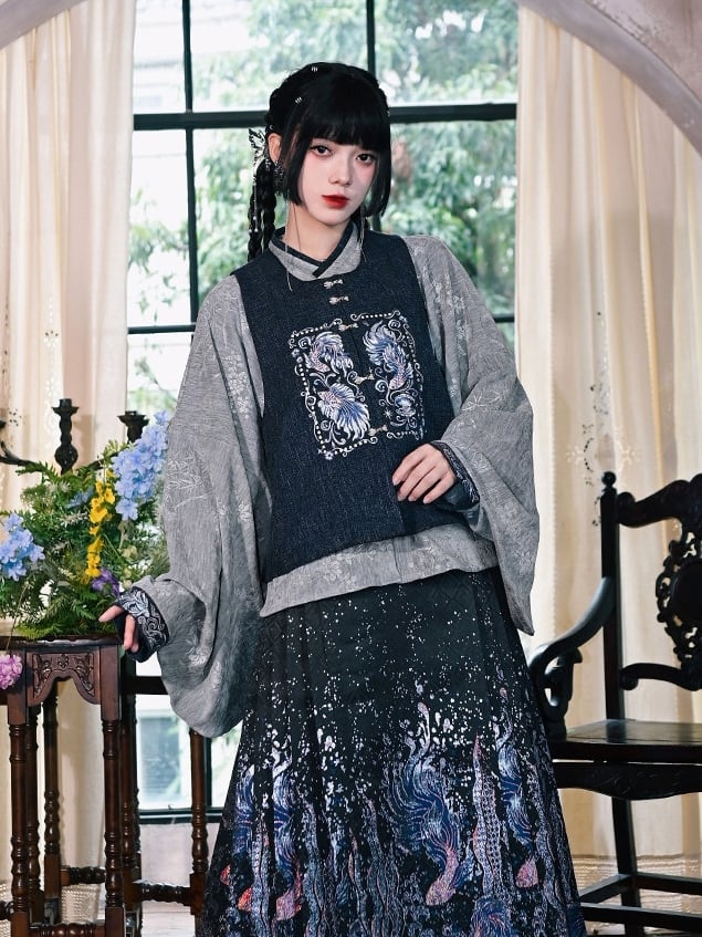 Gray - Blouse Style on Pipa Chinese Mandarin Sleeve with Cuffs Embroidery Collar Goldfish