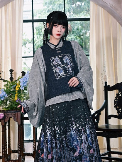 Gray - Blouse Style on Pipa Chinese Mandarin Sleeve with Cuffs Embroidery Collar Goldfish