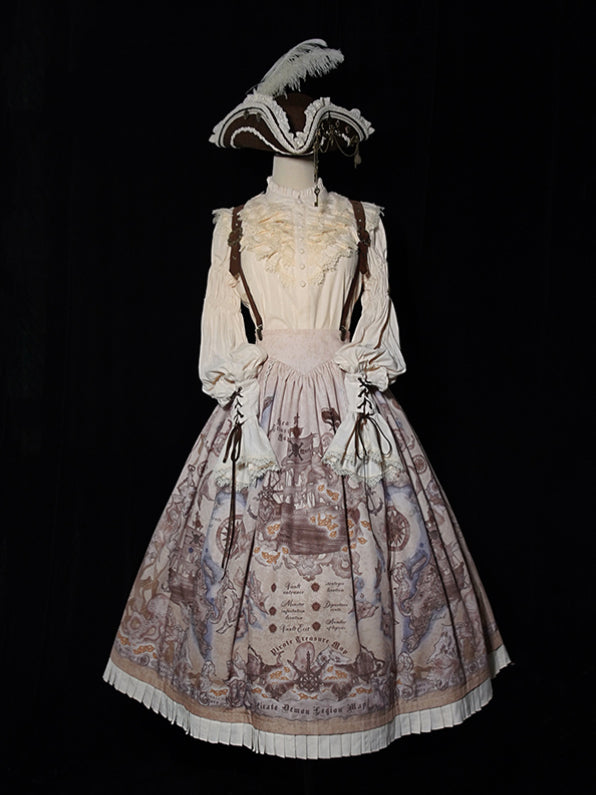 Belt Waist Pirate Lolita Skirt Corset Print Creamy Ship