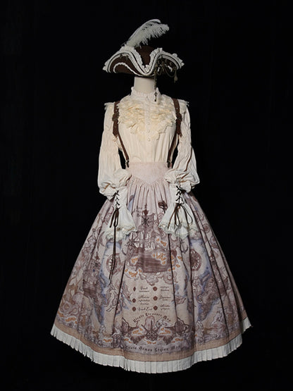 Belt Waist Pirate Lolita Skirt Corset Print Creamy Ship