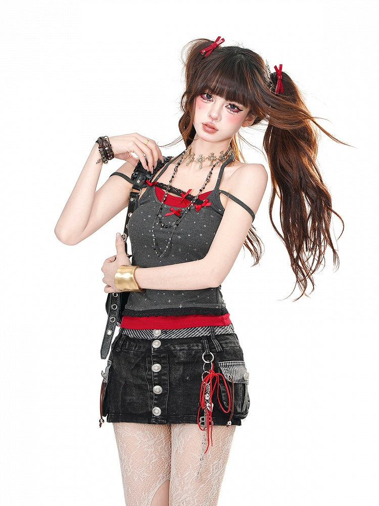 Grau/weißes Neckholder-Camisole mit Schleifendetails, zweiteilig, glamourös