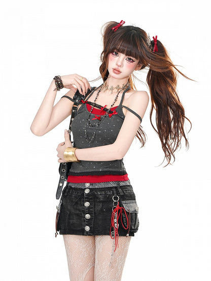 Grau/weißes Neckholder-Camisole mit Schleifendetails, zweiteilig, glamourös