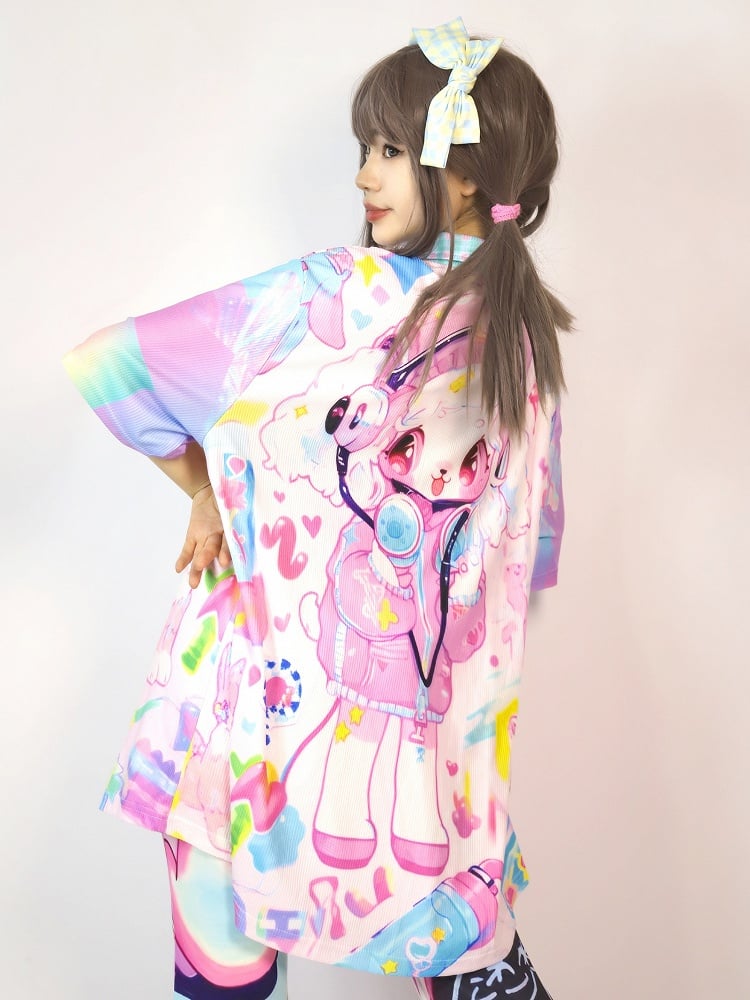 ファッションプリントの漫画袖ギャルショートカラフルシャツ