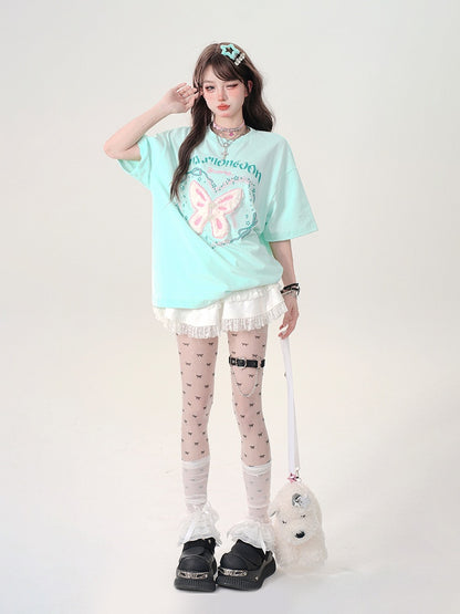 and Lettering Print Butterfly Green T-Shirt with Soft-Textured Oversized Mint Embroidery