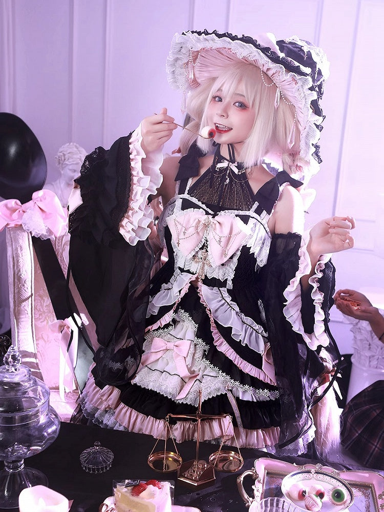 Schwarz-Rosa Süßes Hexenkleid mit hoher Taille, Lolita-Pulloverrock, komplettes Set