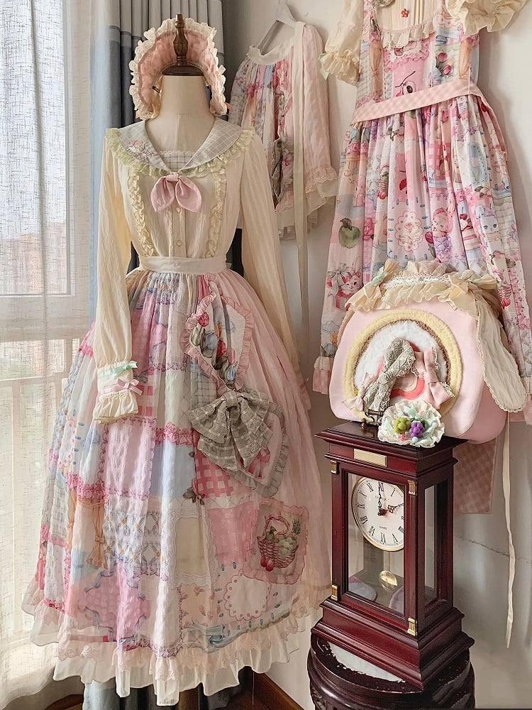 Cottagecore Patchwork Print Sweet Lolita Skirt with Detachable Straps Long Version