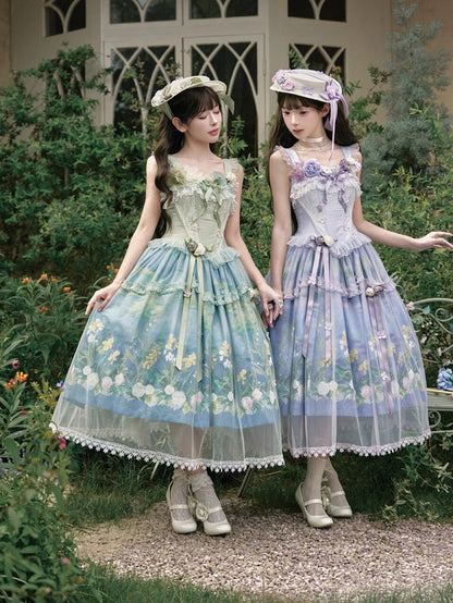 Elegant Green Oil Painting Print Lolita Jumper Skirt Dress with Bustier-Style Boned Bodice - Haw Berry
