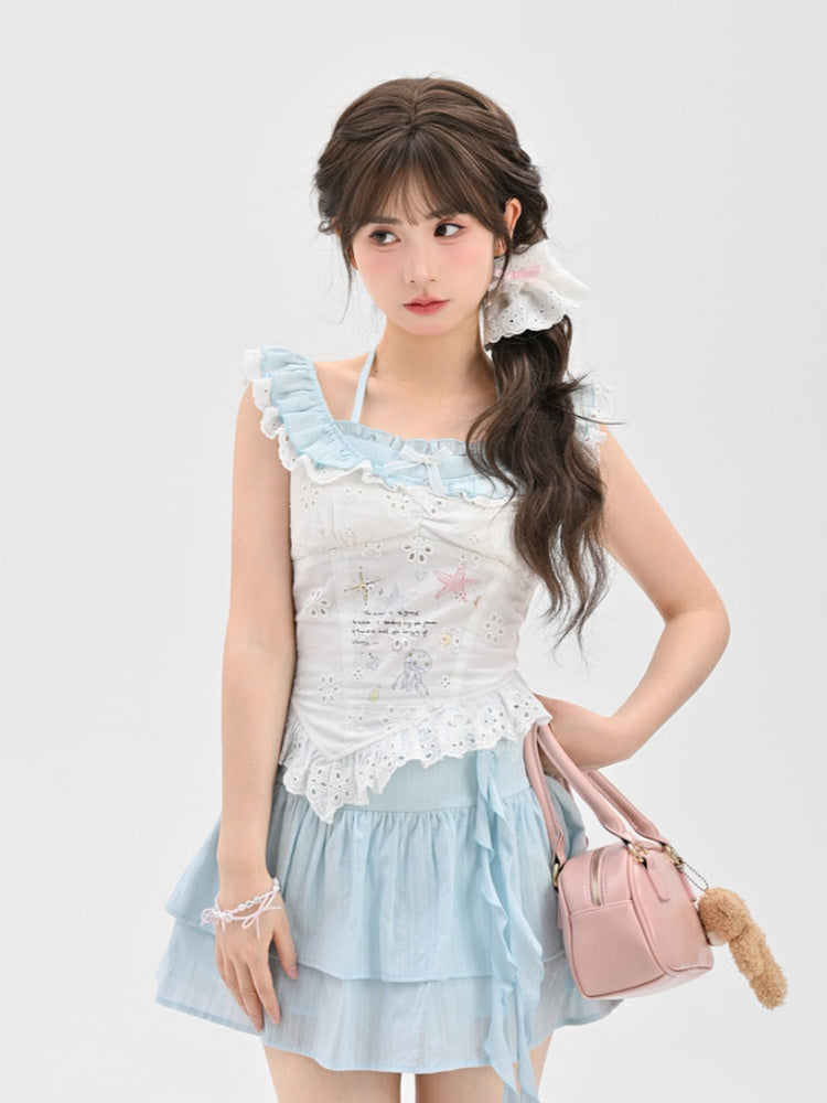 Ärmelloses Top mit gebogenen Ärmeln, weißem Saum, Seestern- und Quallen-Graffiti-Flatter