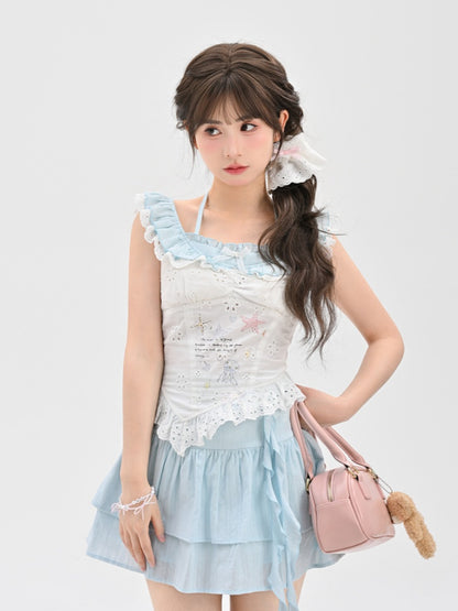 Ärmelloses Top mit gebogenen Ärmeln, weißem Saum, Seestern- und Quallen-Graffiti-Flatter