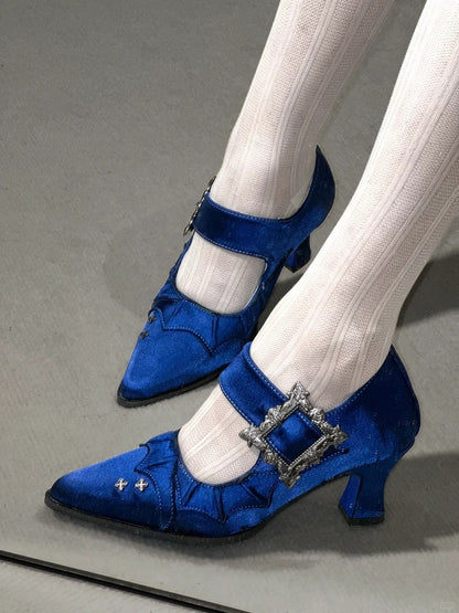 Satin Klein Blue 6.5CM Pointed Toe Heels with Bat Wing and Square Buckle Gothic Accents - NRose