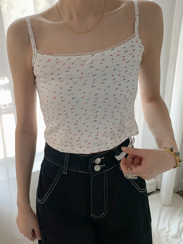 Top Beige/Weiß Print Cami Blumenspitze Trim Bowknot verziert