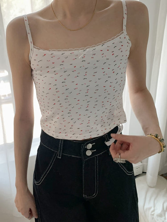 Top Cami Lace Print Bowknot Trim Beige/White Decorated Floral