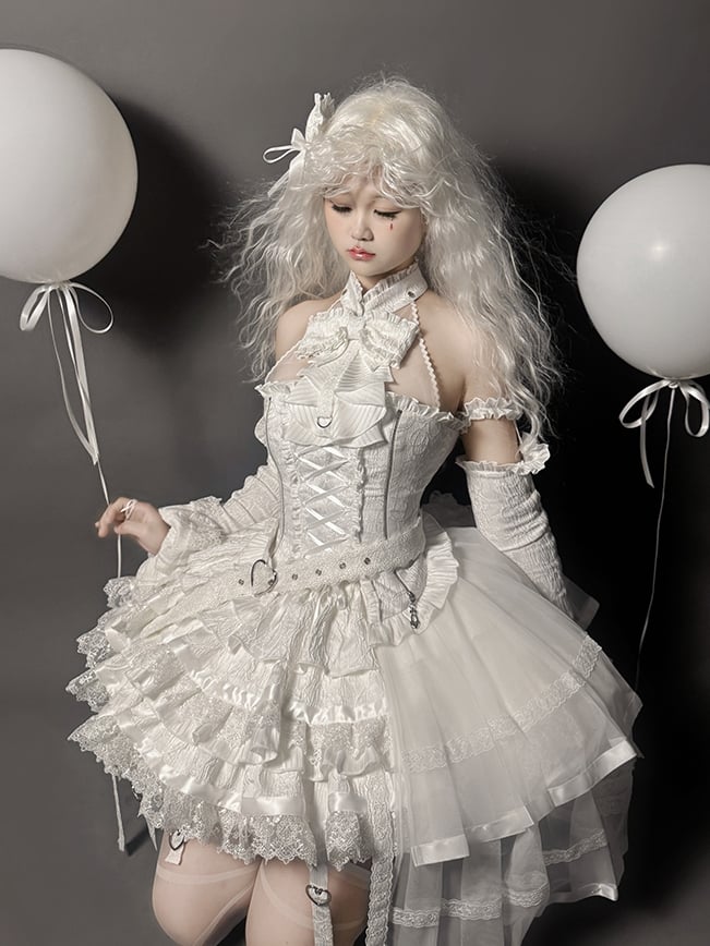 ホルターネック ロリータ ノースリーブ ゴシック スカート ティアード フル + シロ ホワイト トップ セット