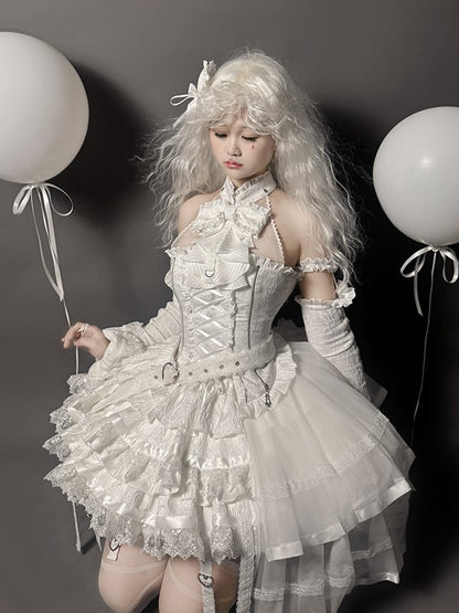 ホルターネック ロリータ ノースリーブ ゴシック スカート ティアード フル + シロ ホワイト トップ セット