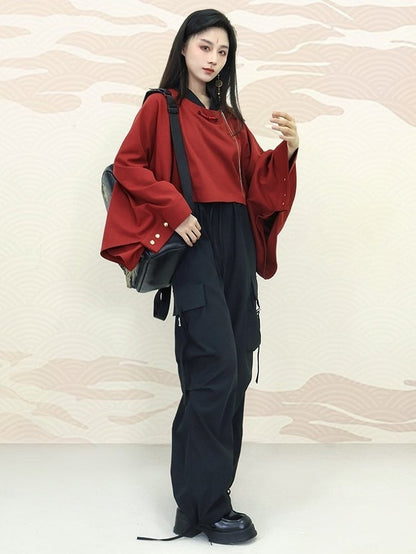 Knot Sleeve Style with Long in Buttons Chinese Ornate Red Unisex Top