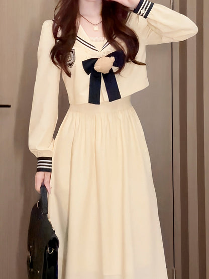 Blue Lolita Long-Sleeve Maxi Beige + Dark Top Dress Collar Set Sailor